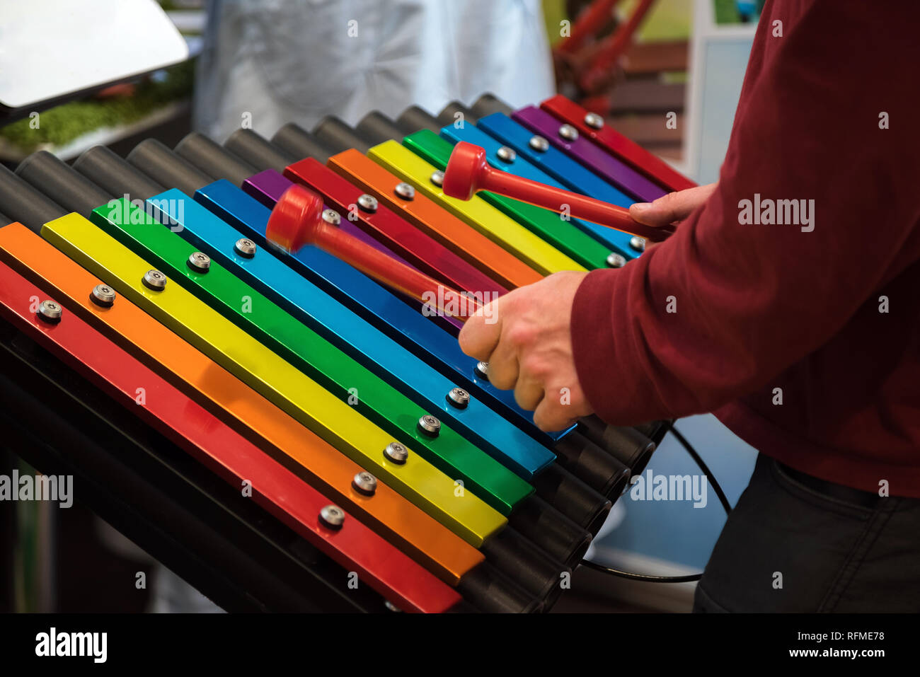Closeup humans hands playing vibraphone. Favorite classical music