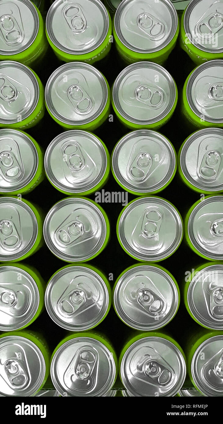 Closeup from above of many Beverage Cans in a Row. Beverage Cans made