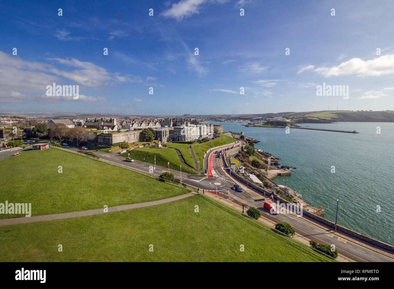Plymouth Citadel and Marine Laboratories from top of Smeatons Tower. Mount Batten Pier in distance Stock Photo
