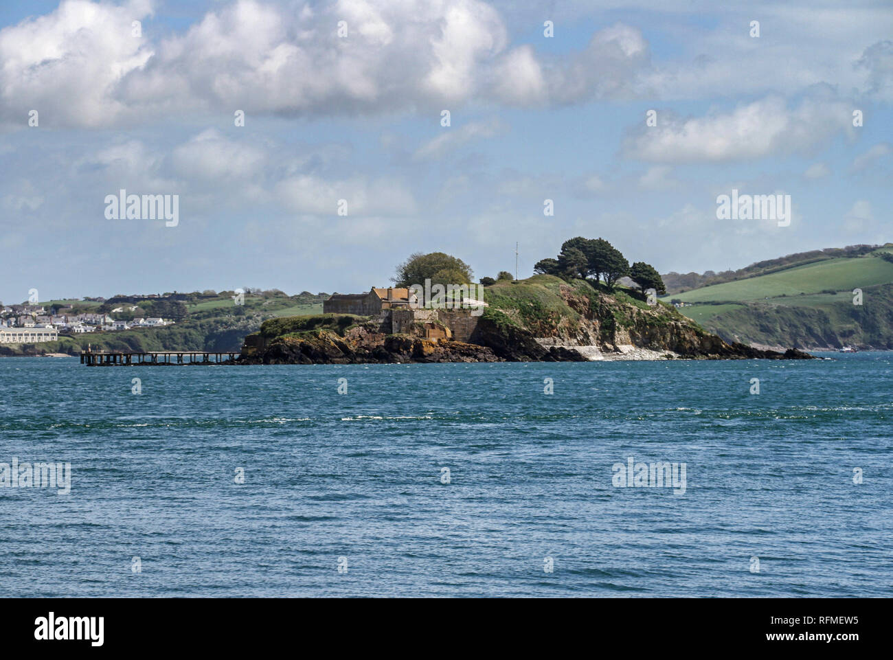 Drakes Island, Plymouth Sound; Planning permission for luxury hotel; Plymouth Sound; As seen from Mount Edgcumbe Park Stock Photo
