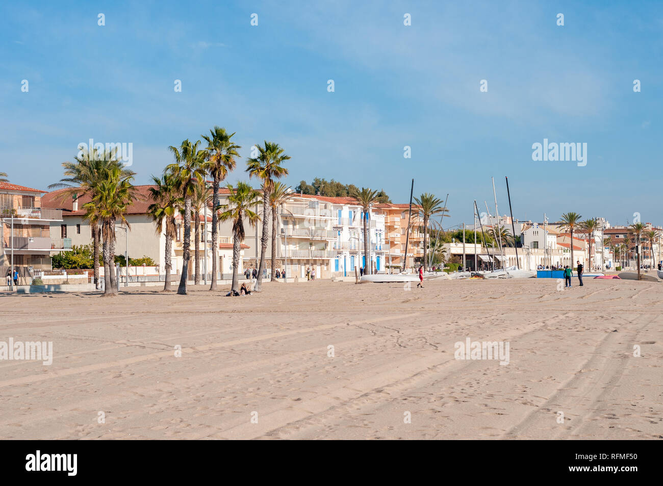 maritime neighborhood, promenade, beach, Sant Salvador, El Vendrell, Coma-ruga, Costa Dorada, Catalonia, Spain Stock Photo