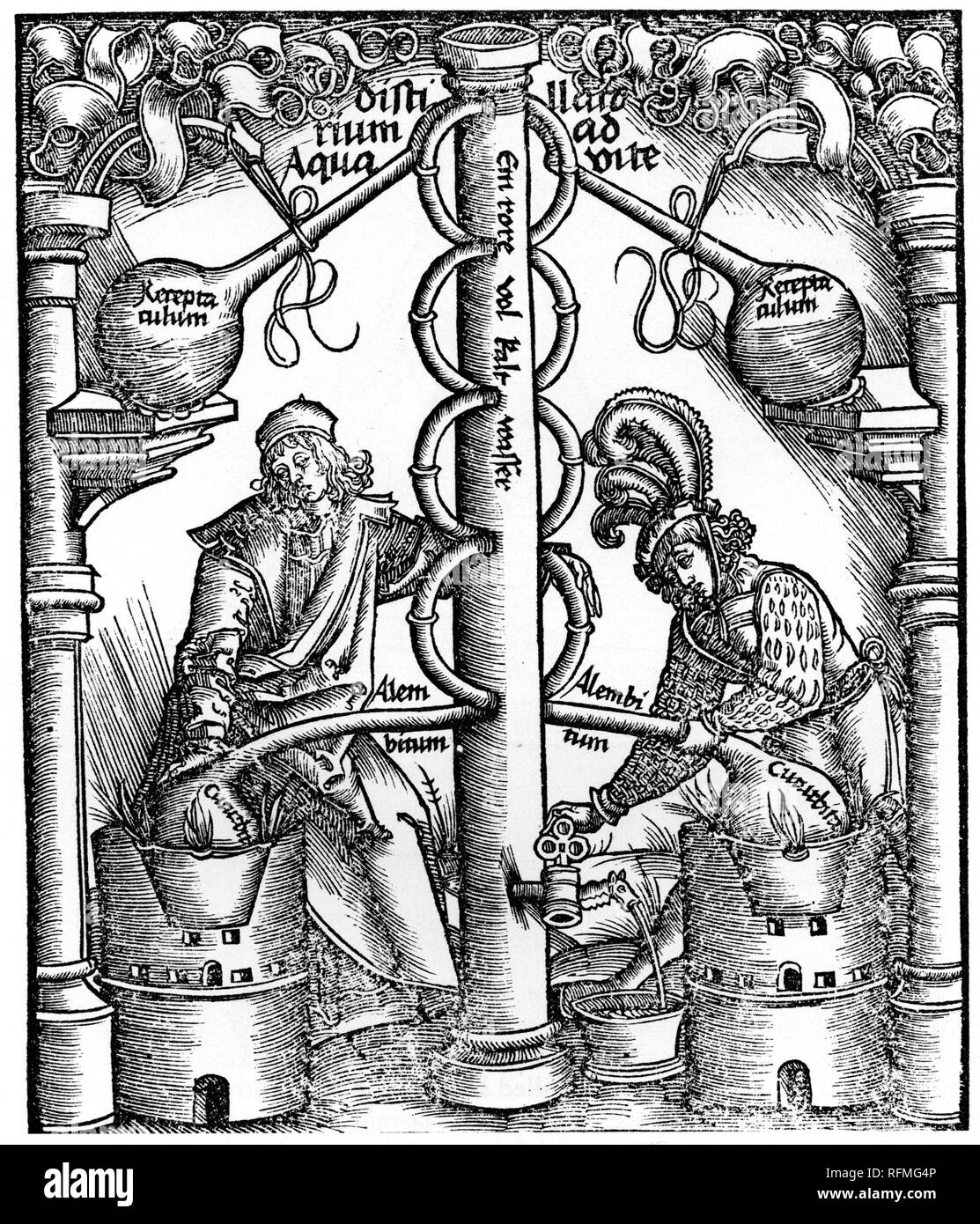 A still with a fractionating column, 1512. A still with a fractionating column, 1512. By Hieronymus Brunschwig (c1450-c1512). From Liber de arte distillandi de compositis, 1512, by Hieronymus Brunschwig (c1450-c1512). Stock Photo