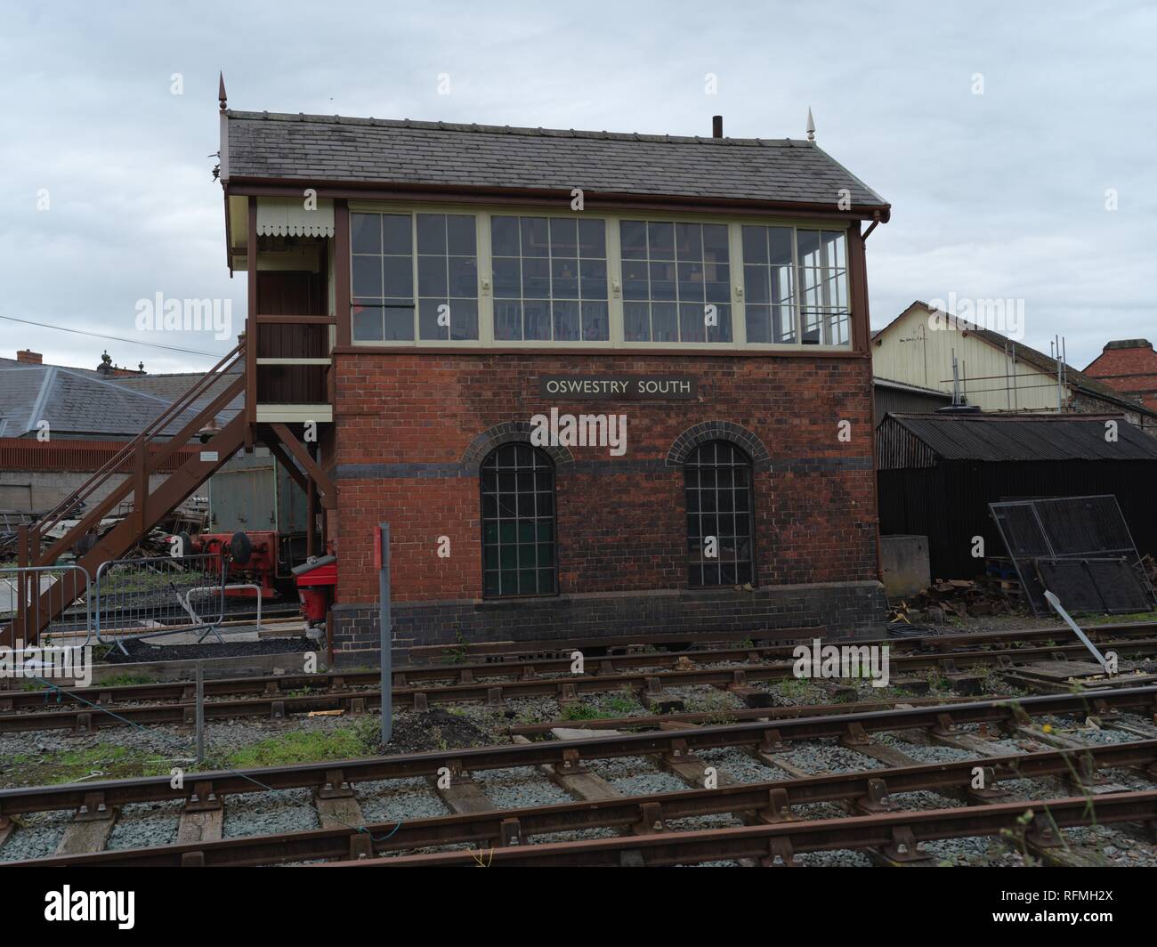 A old signal box with Oswestry South sign Stock Photo
