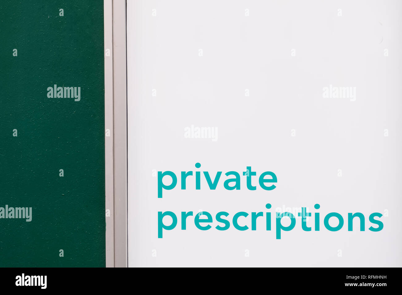 Private prescriptions from doctor at chemist store shop sign uk Stock ...