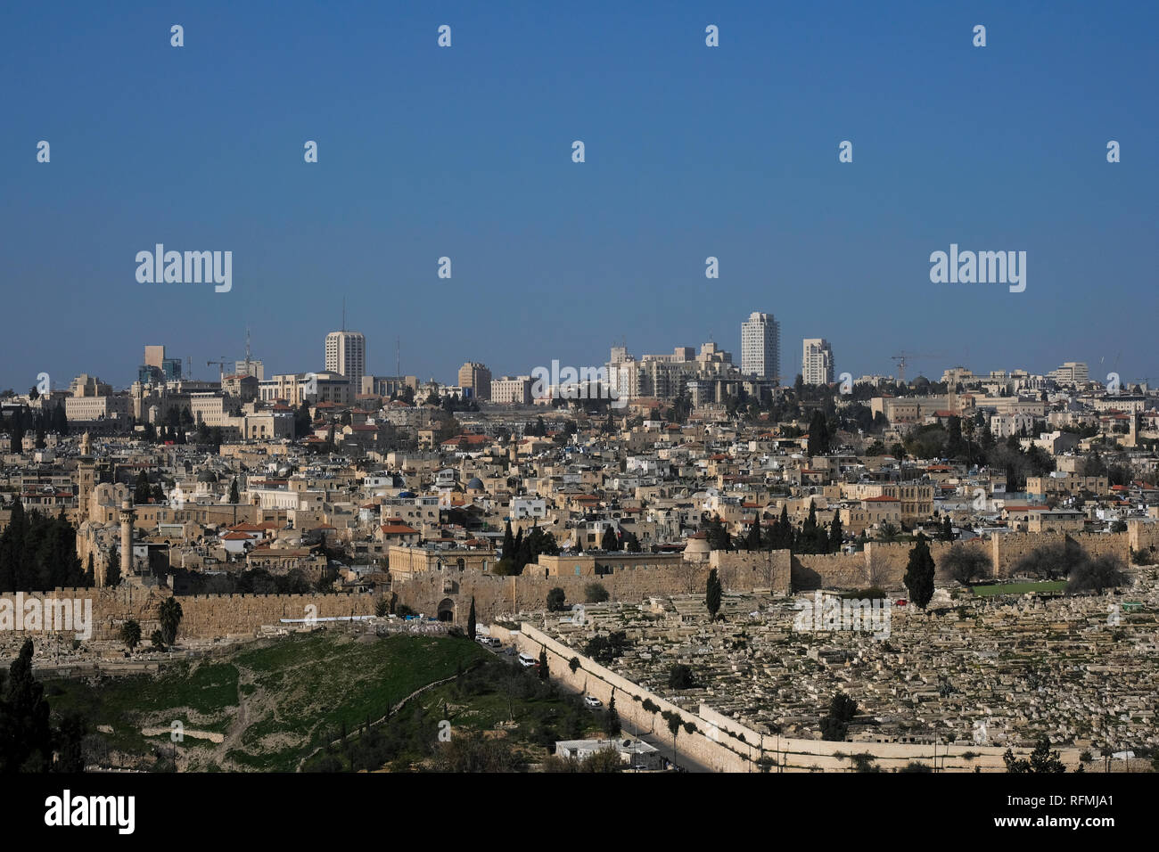 View from Mount of Olives toward West Jerusalem across the Old City in East Jerusalem, Israel Stock Photo