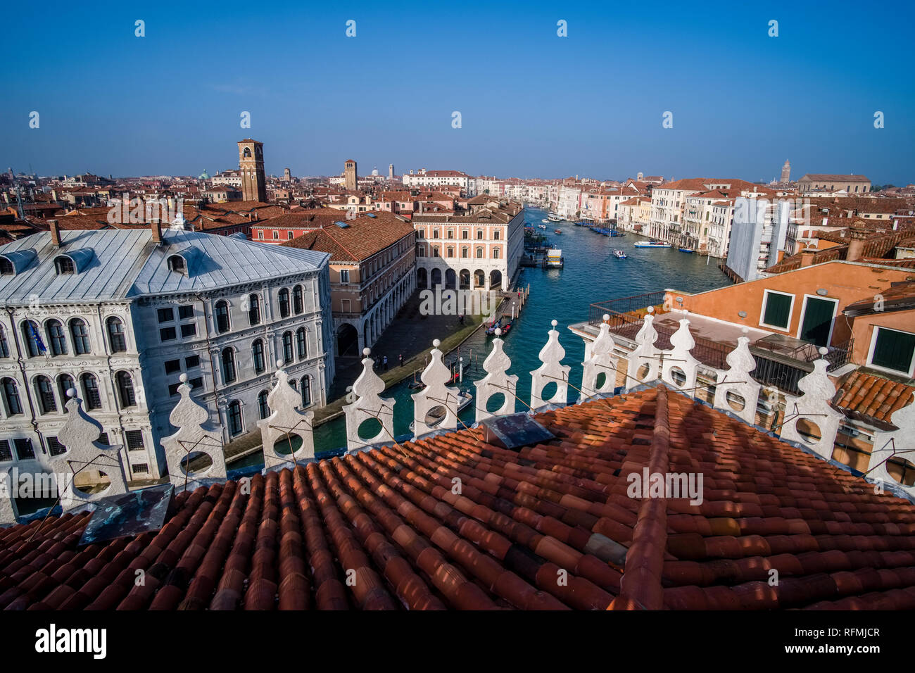 Aerial view on the Grand Canal, Canal Grande and the roofs of the so-called 'Floating city' from Fondaco dei Tedeschi Stock Photo