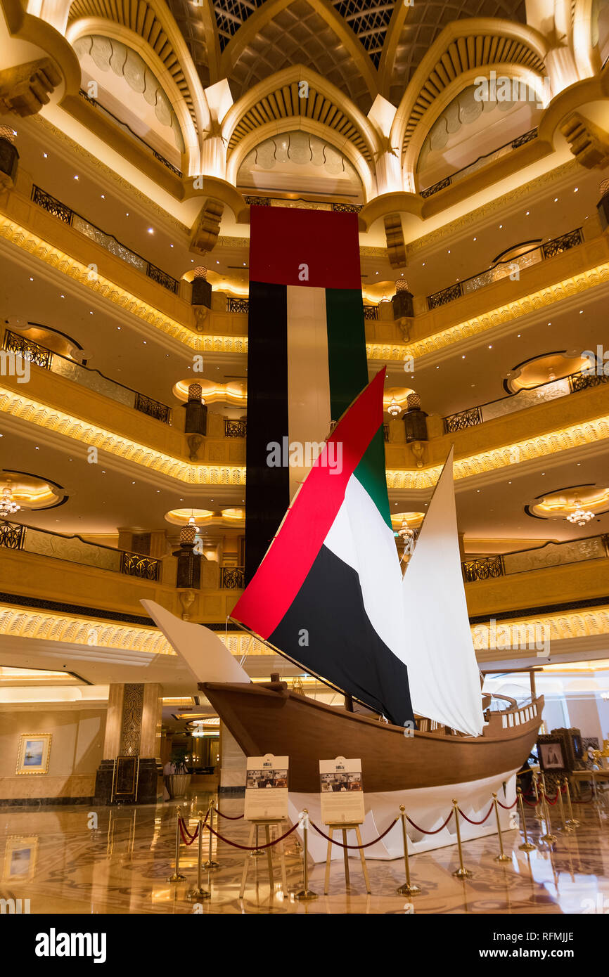 ABU DHABI, UNITED ARAB EMIRATES - DECEMBER 4, 2016: Interior of Emirates Palace Hotel, Abu Dhabi, United Arab Emirates. National flag in honour of the Stock Photo
