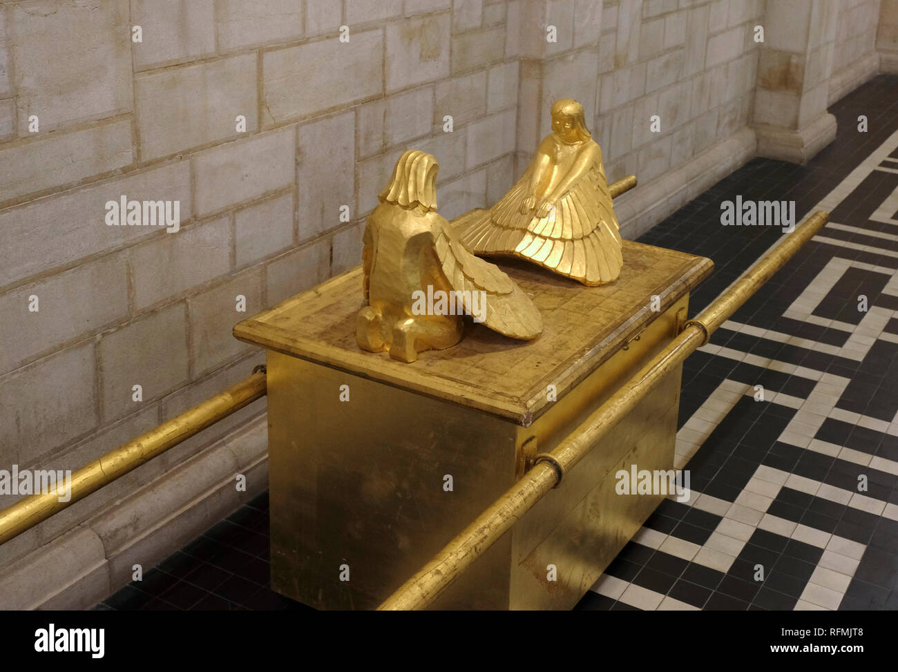 A gilded model of the biblical Ark of the Covenant or Testimony, described in the Book of Exodus as containing the Tablets of Stone on which the Ten Commandments were inscribed placed inside the Lutheran Church of The Ascension Also known as Augusta Victoria located in the Palestinian village of A-Tur on Mount of Olives in East Jerusalem Israel Stock Photo