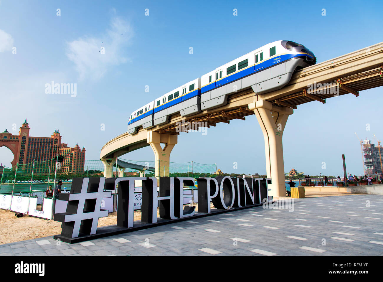 Dubai, United Arab Emirates - January 25, 2019: Train running above The Pointe waterfront dining and entertainment destination newly opened at the Pal Stock Photo