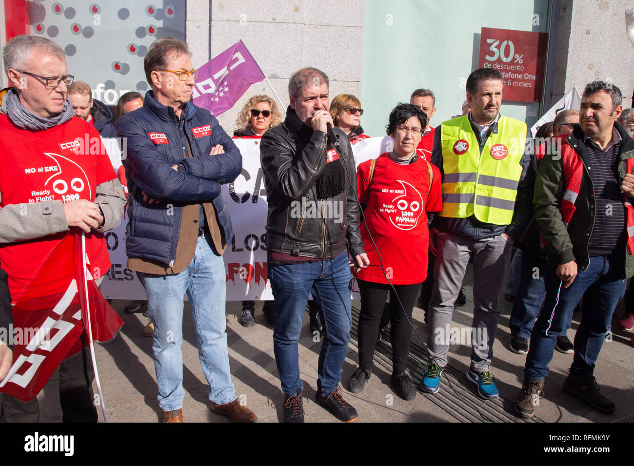 Unai Sordo, leader of the CCOO union seen speaking during the protest. Hundreds of Vodafone workers protest at the Puerta del Sol to demand the company not to lay off more than 1200 employees in Directorate General for Employment. Stock Photo