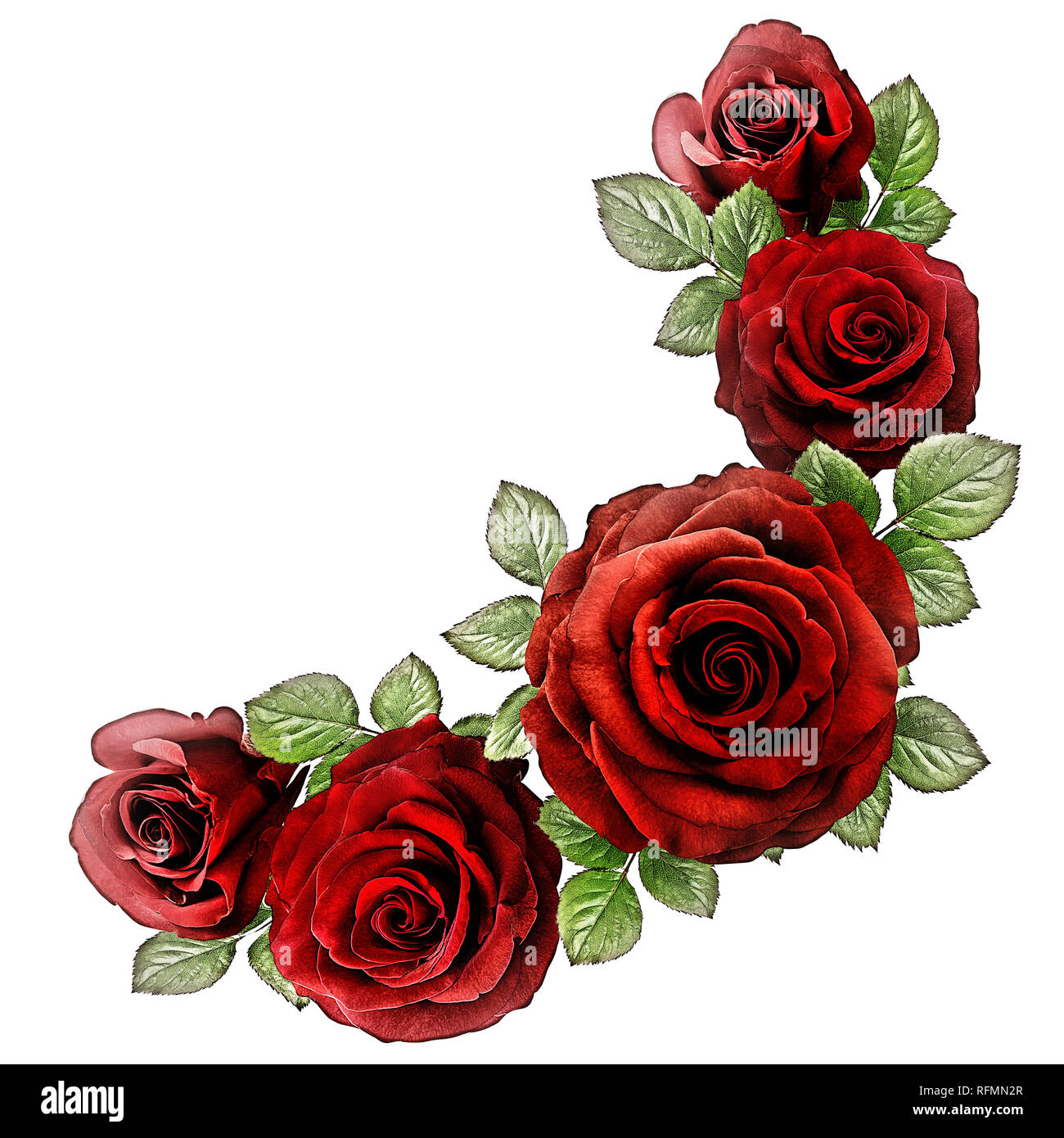 Roses Art Design . Frame made roses, green leaves Valentine's background with roses. Valentines day card concept. Stock Photo