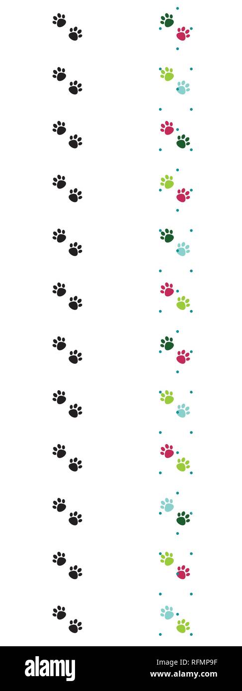 Set of Two vertical Vector seamless borders with colorful cat paw dog paw. Pink, blue and green paws . Black paws Stock Vector