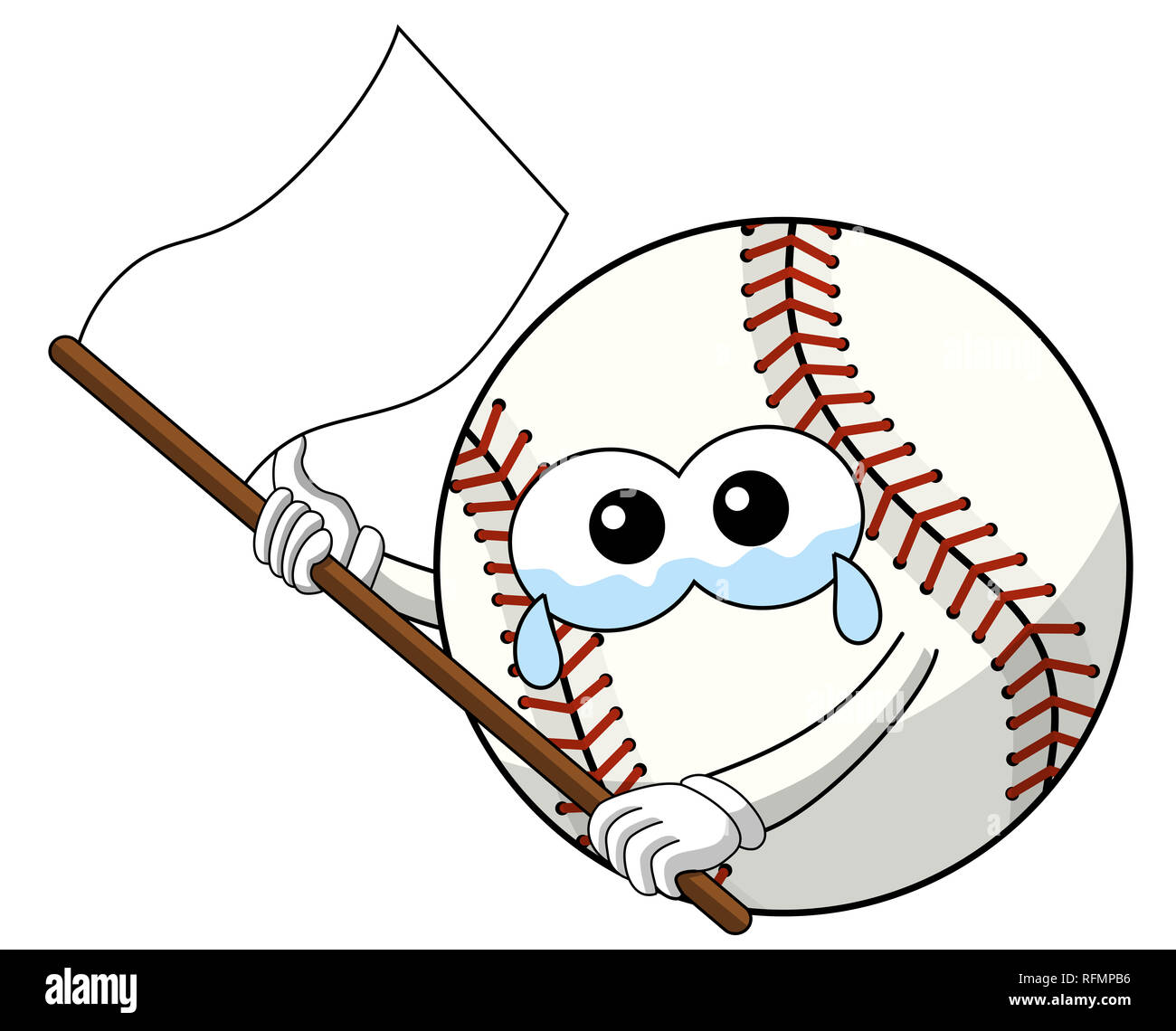 baseball ball character mascot cartoon sad white flag vector isolated on white Stock Photo