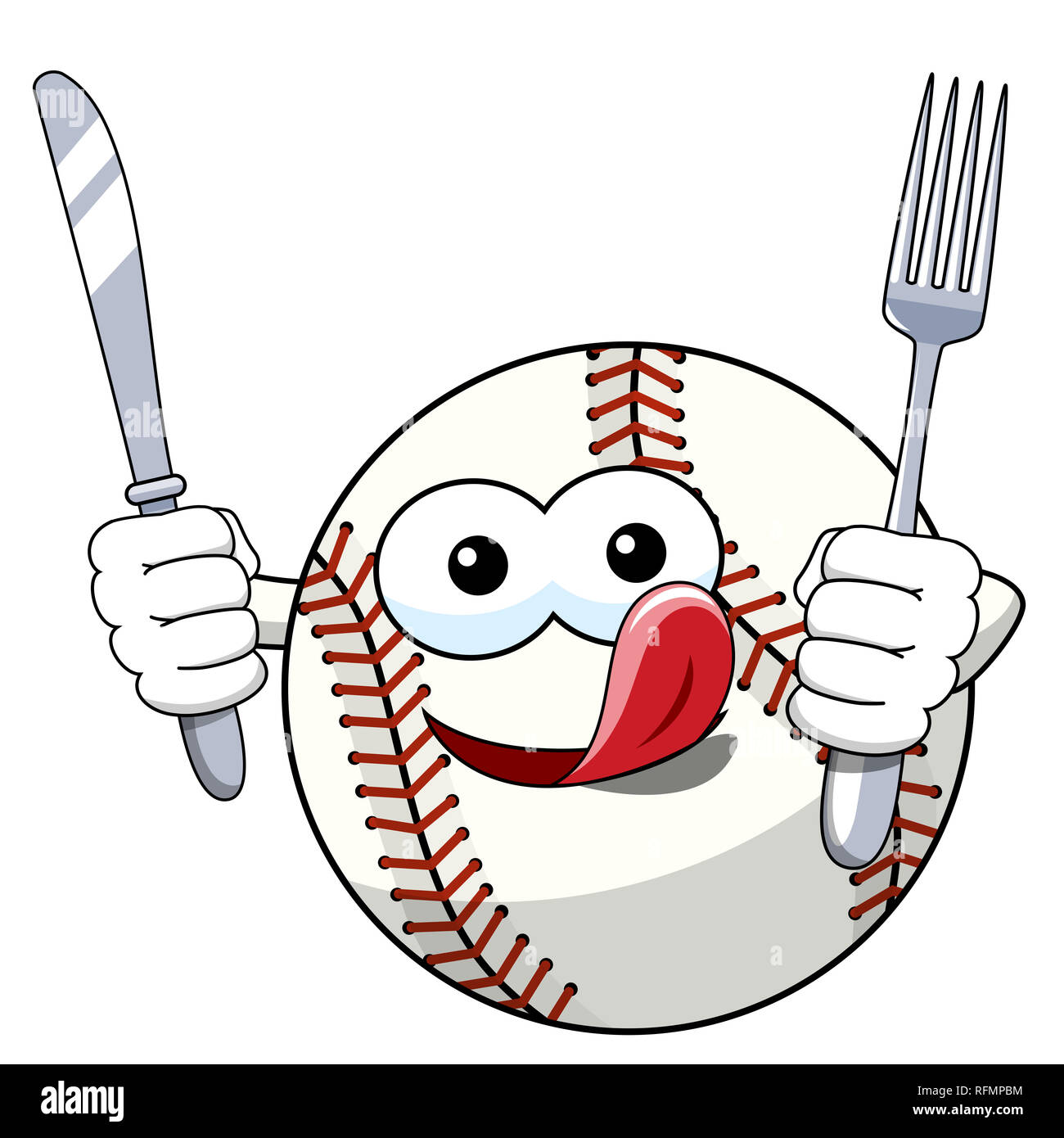 baseball ball character mascot cartoon fork knife hungry vector