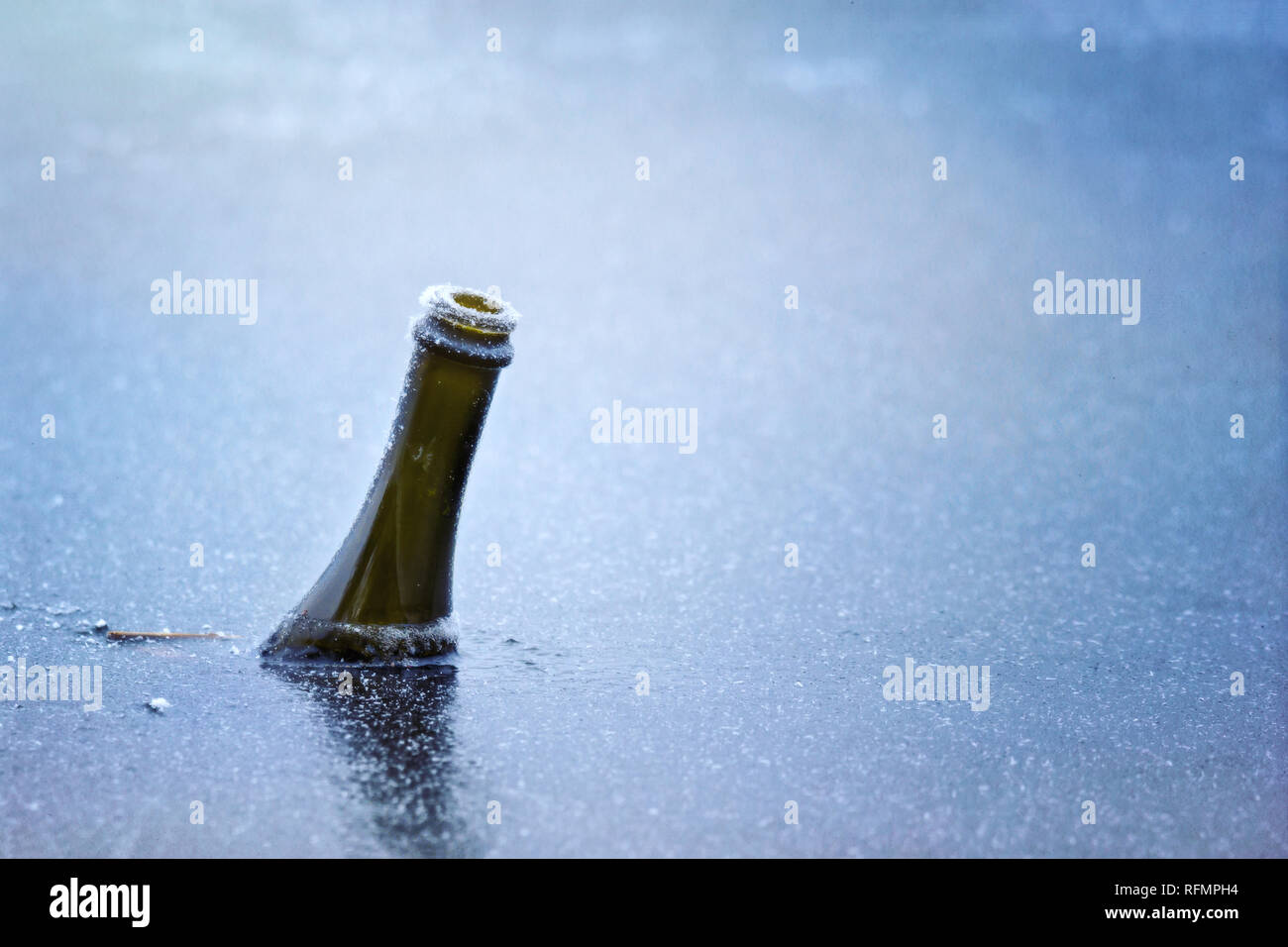 bottle of sparkling champagne wine frozen in ice in lake on new years