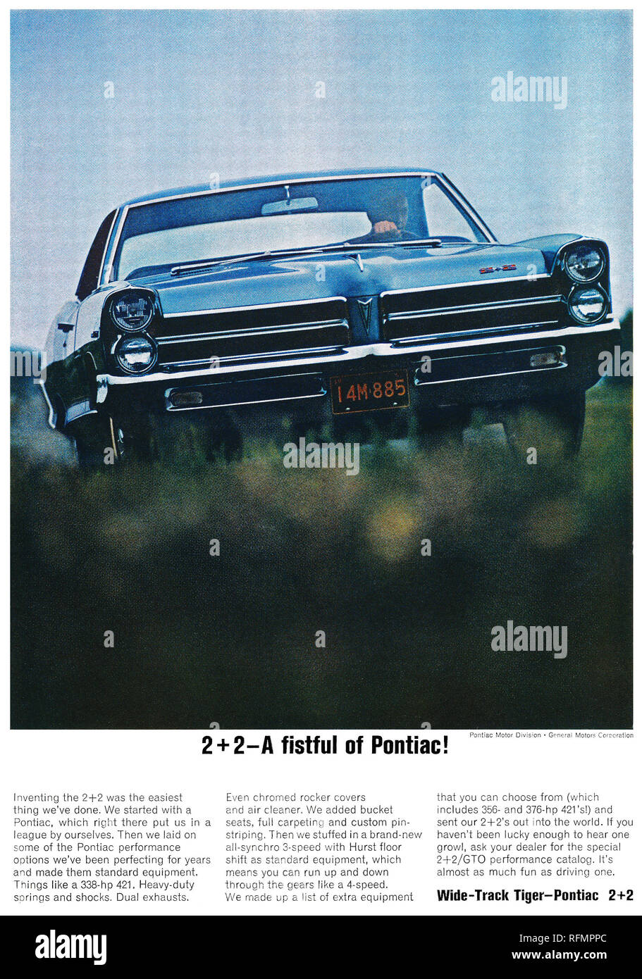 1965 U.S. advertisement for the Pontiac 2+2 automobile. Stock Photo