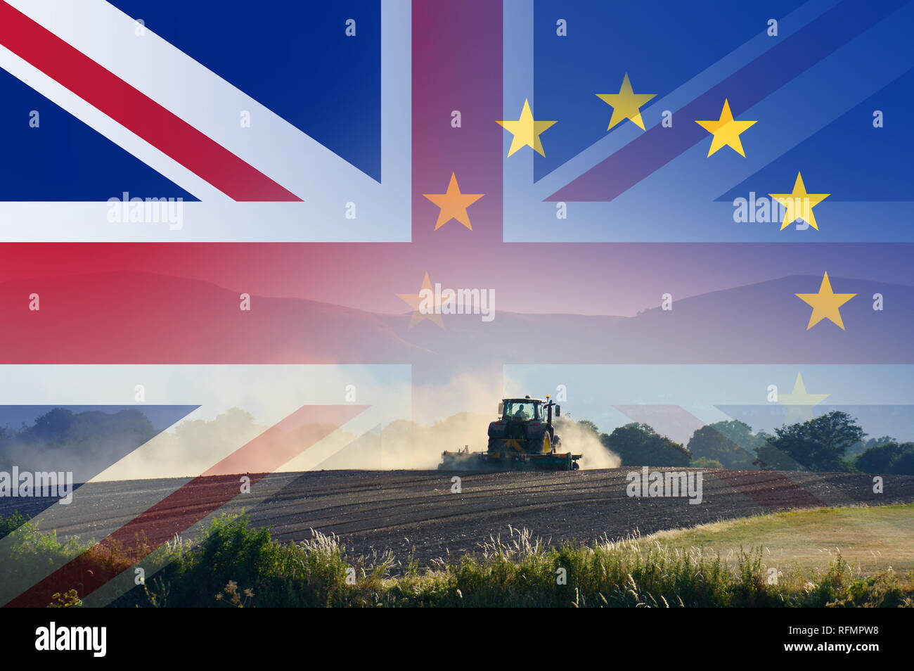 Brexit concept. A tractor ploughing a field in summer With the flags of the Union Jack and the E.U over layered on top. Stock Photo