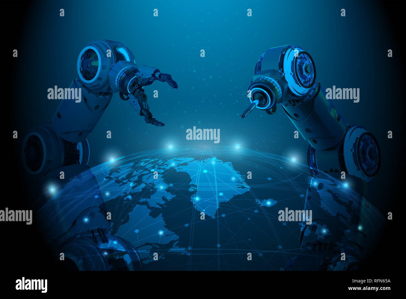 Globalization concept with 3d rendering robot hand with world ...