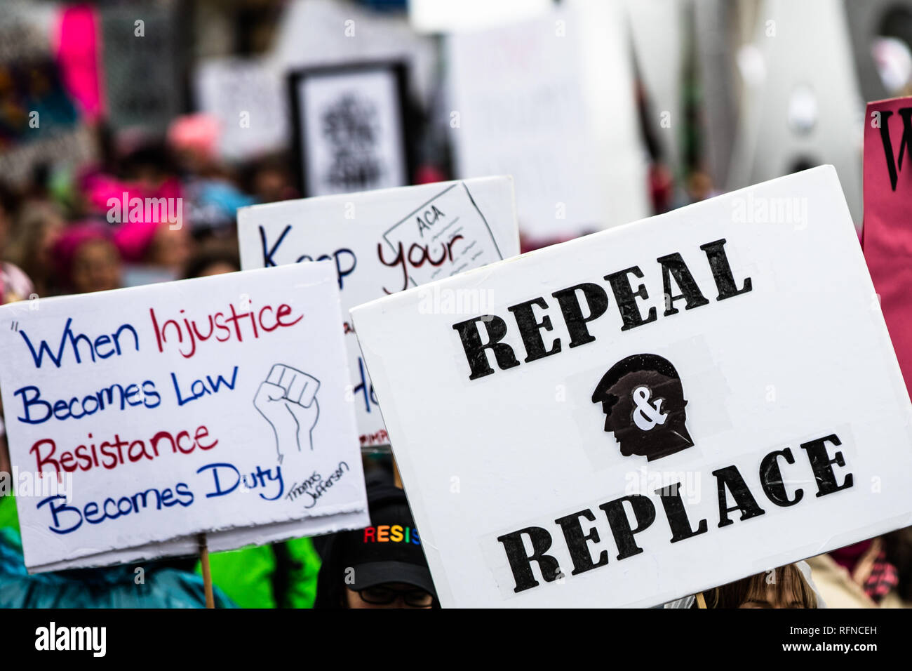 Protest signs at the 2018 Women's March, Seattle, WA Stock Photo