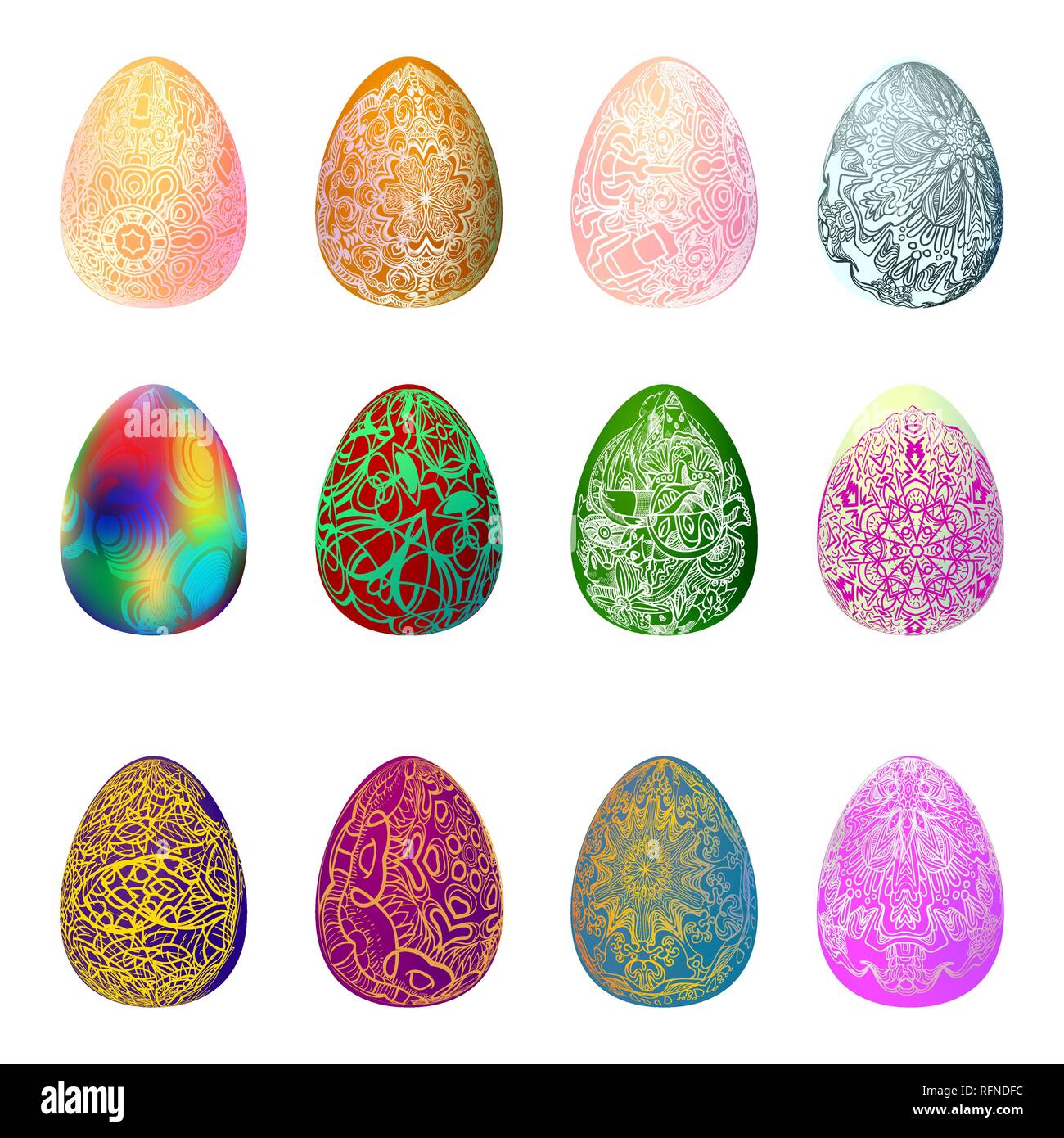 Happy easter, set of easter eggs with different pattern isolated on white background. Stock Vector