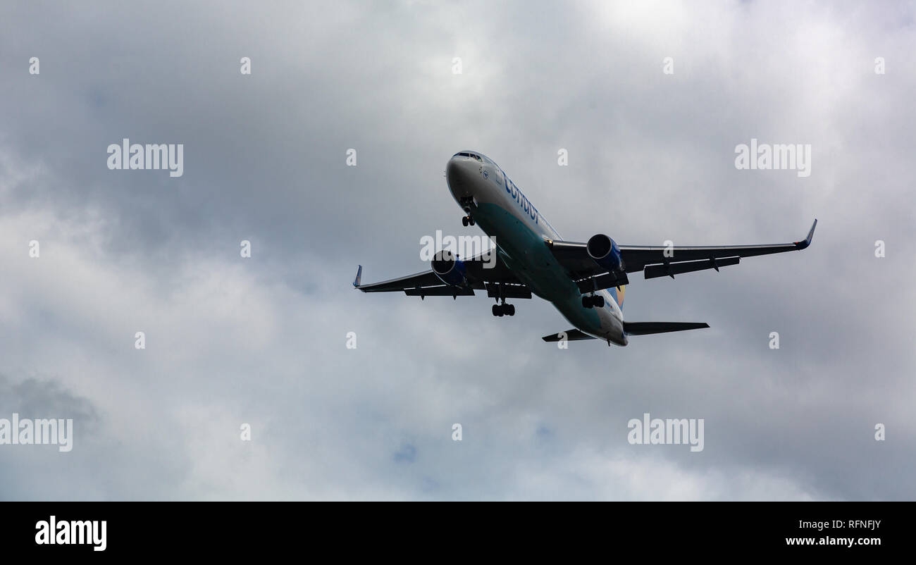 GERMANY, FRANKFURT - SEPTEMBER 06, 2015: Boeing 767-330(ER), D-ABUF of Condor soars into the sky Stock Photo