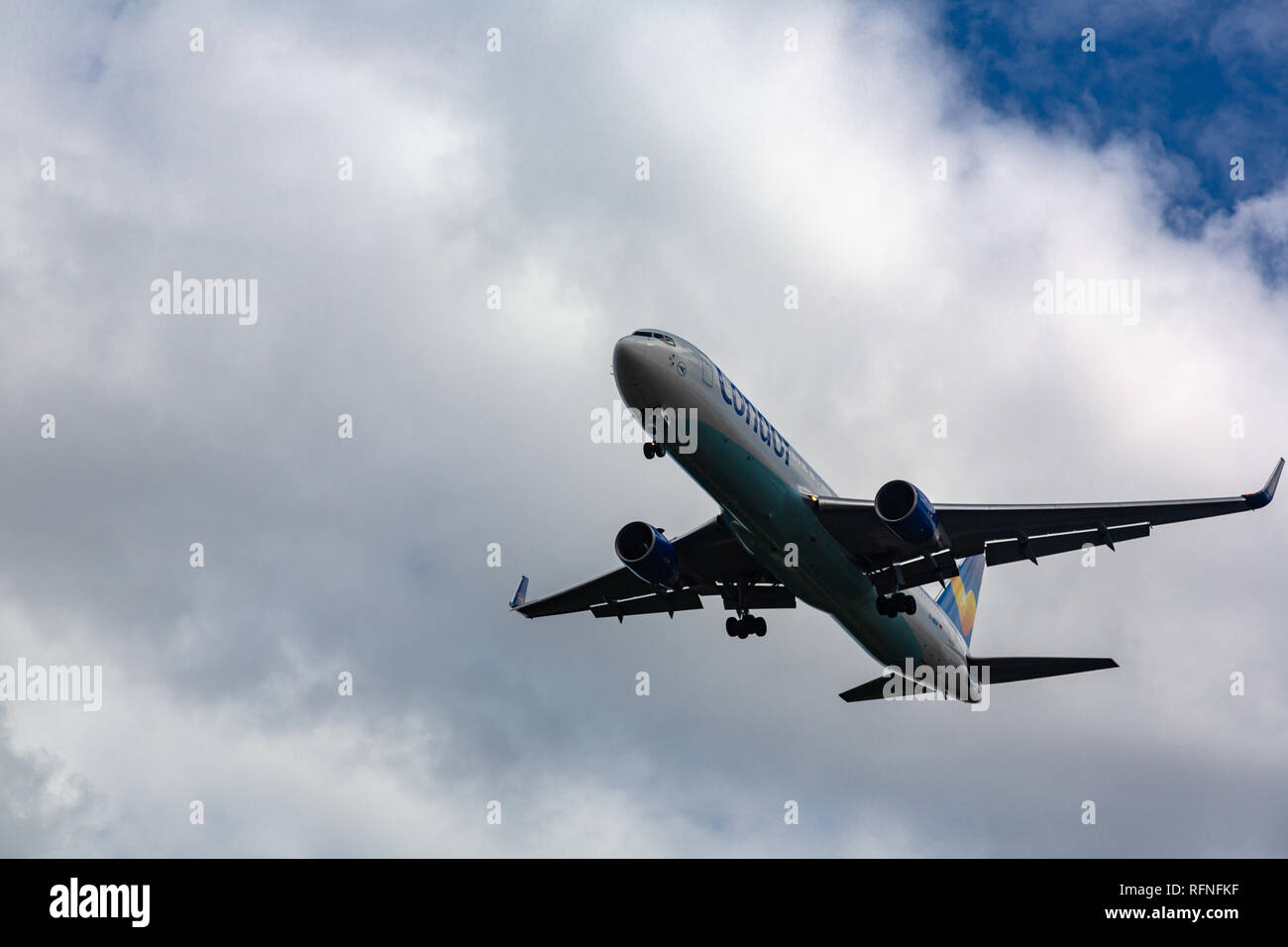GERMANY, FRANKFURT - SEPTEMBER 06, 2015: Boeing 767-330(ER), D-ABUF of Condor flies in the sky Stock Photo