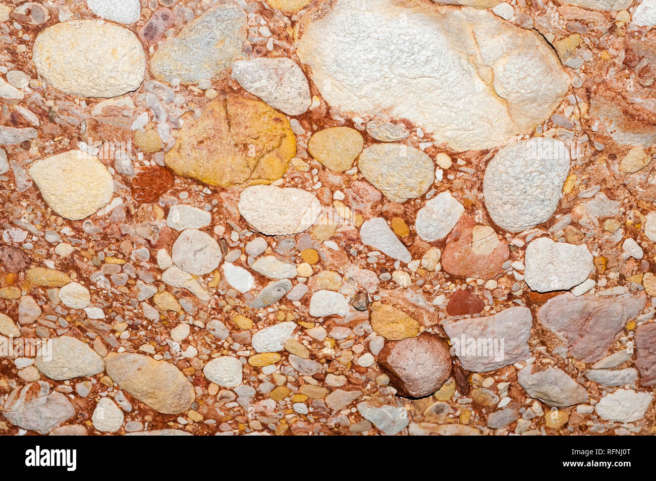 close-up view conglomerate rock inside salnitre caves in Montserrat, Collbató, Catalonia, Spain Stock Photo