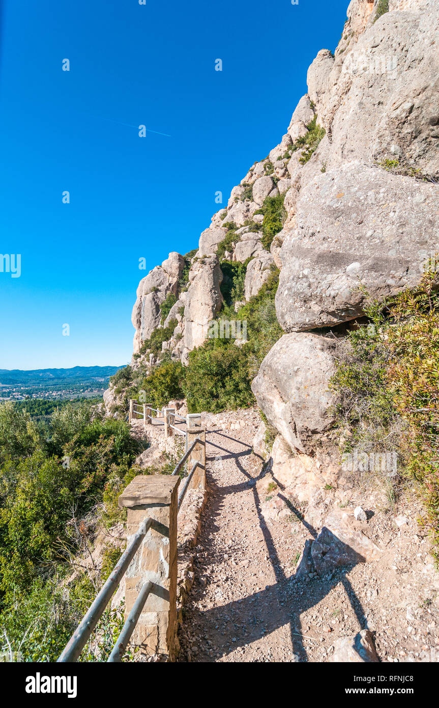 route through the mountain of Montserrat towards Salnitre caves, Collbató, Catalonia, Spain Stock Photo