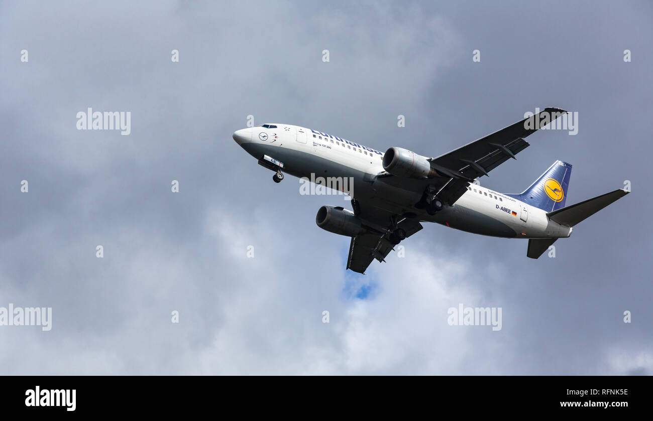 GERMANY, FRANKFURT - SEPTEMBER 06, 2015: Boeing 737-330, D-ABEE of Lufthansa flies in the sky Stock Photo
