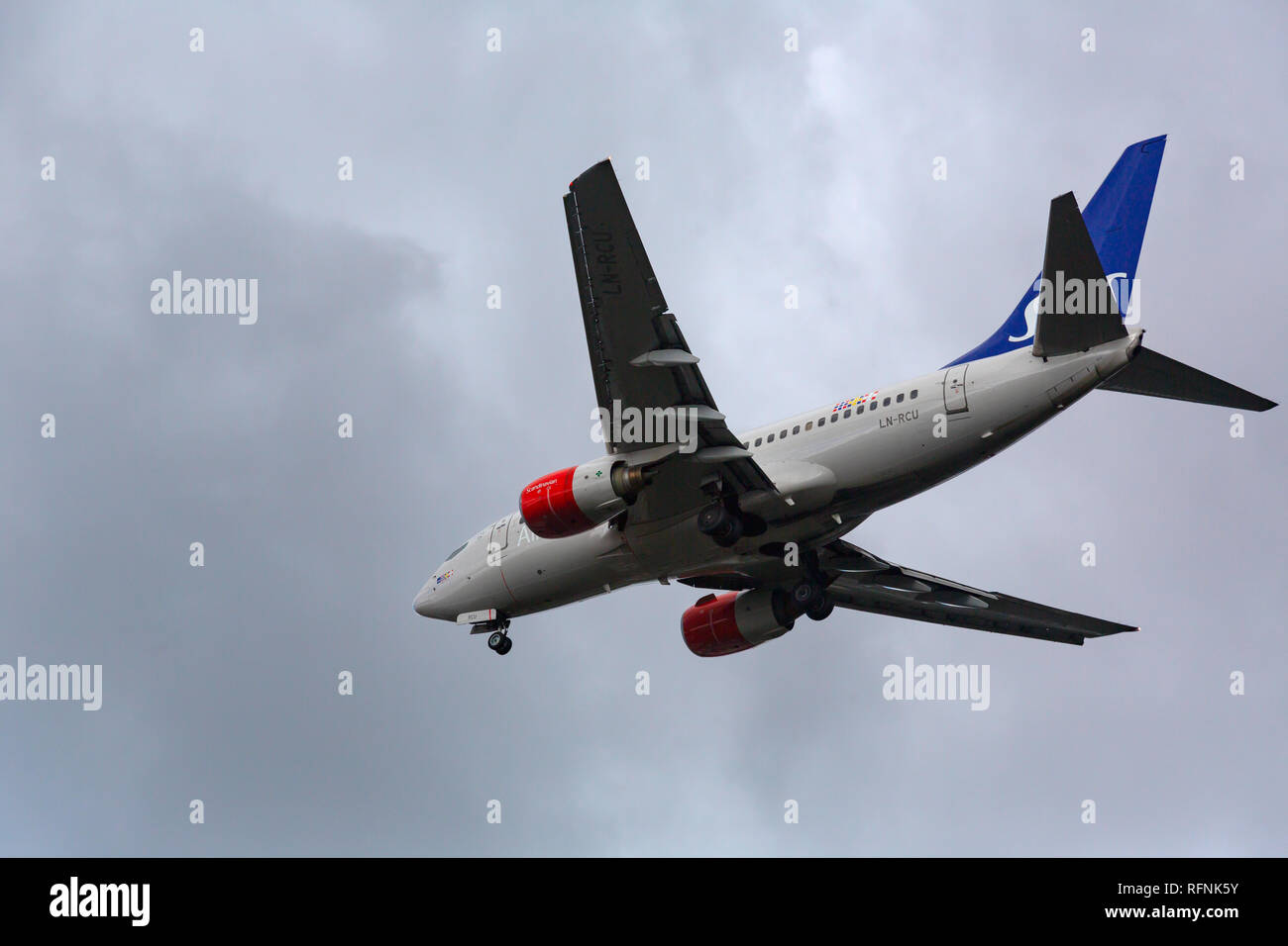 GERMANY, FRANKFURT - SEPTEMBER 06, 2015: Boeing 737-683, LN-RCU of SAS approach and landing at Frankfurt Airport Stock Photo
