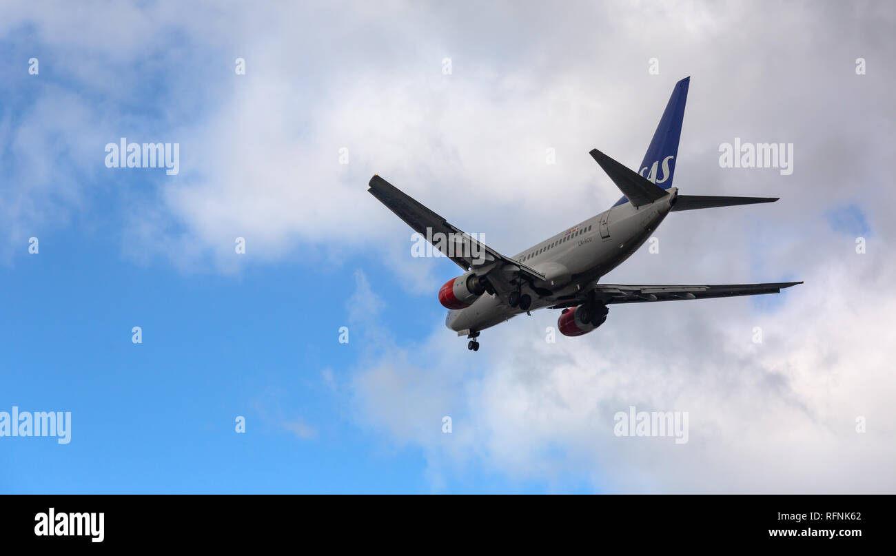 GERMANY, FRANKFURT - SEPTEMBER 06, 2015: Boeing 737-683, LN-RCU of SAS flies in the sky Stock Photo