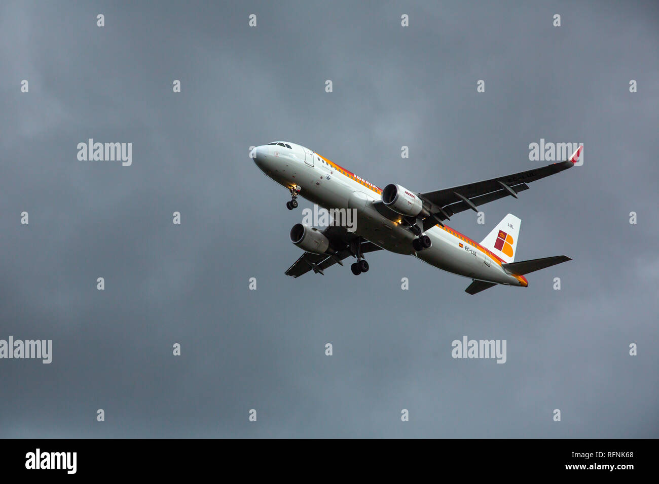 GERMANY, FRANKFURT - SEPTEMBER 06, 2015: Airbus A320-216, EC-LUL of Iberia flies in the sky Stock Photo