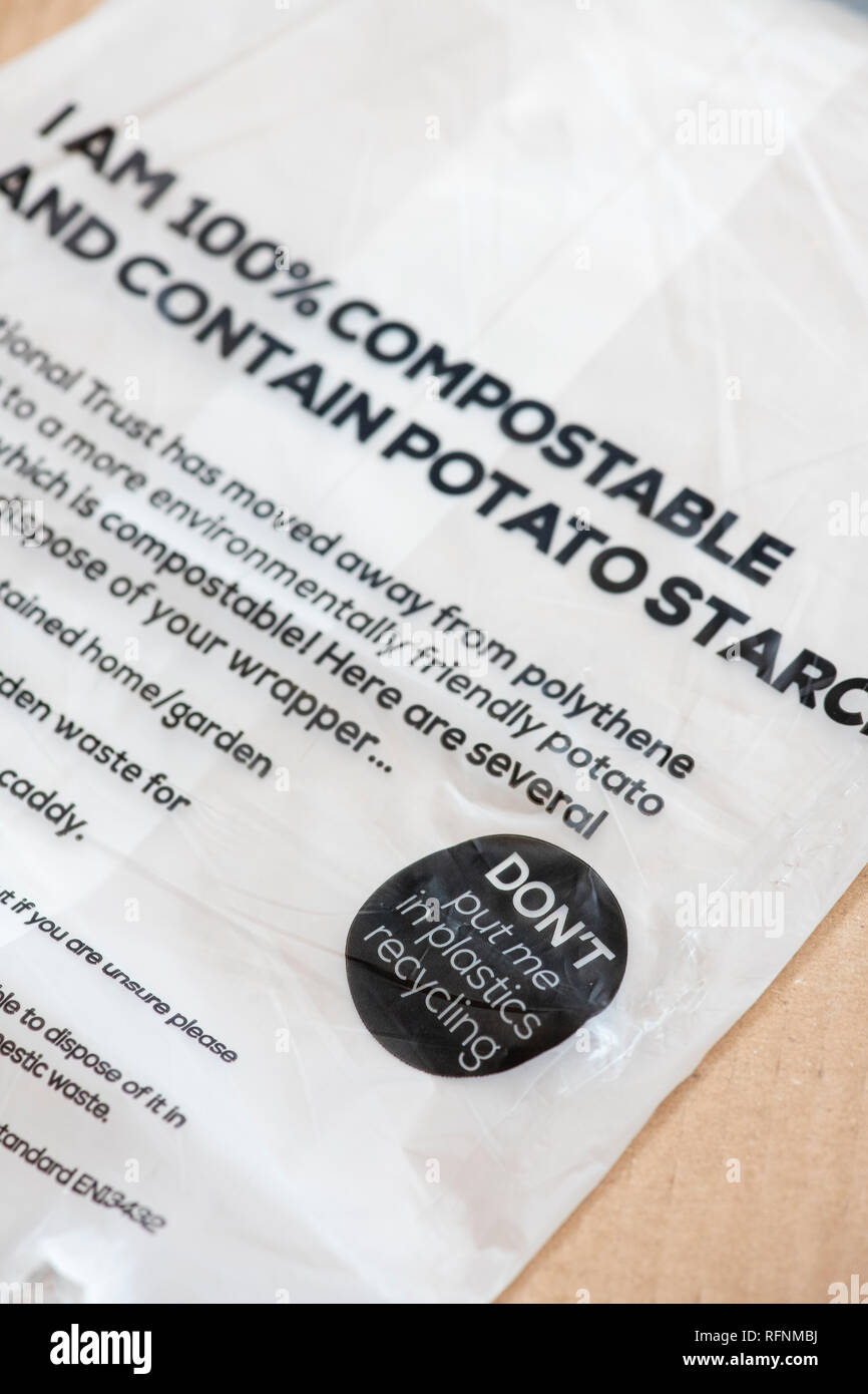 Biodegradable compostable potato starch bag / magazine wrapper. Compostable magazine wrapper Stock Photo