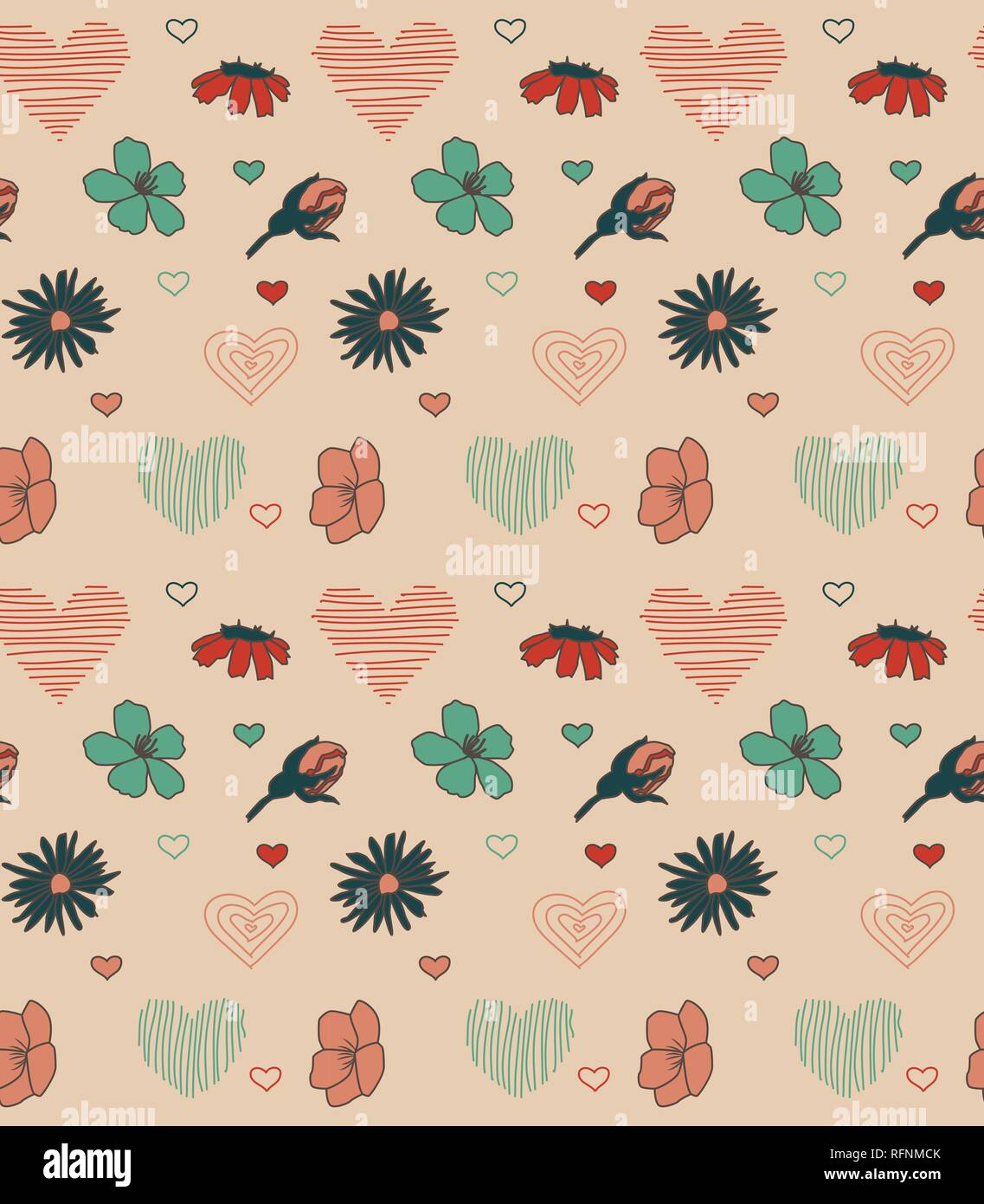 Seamless vector pattern with hearts and flowers, vector illustration ...