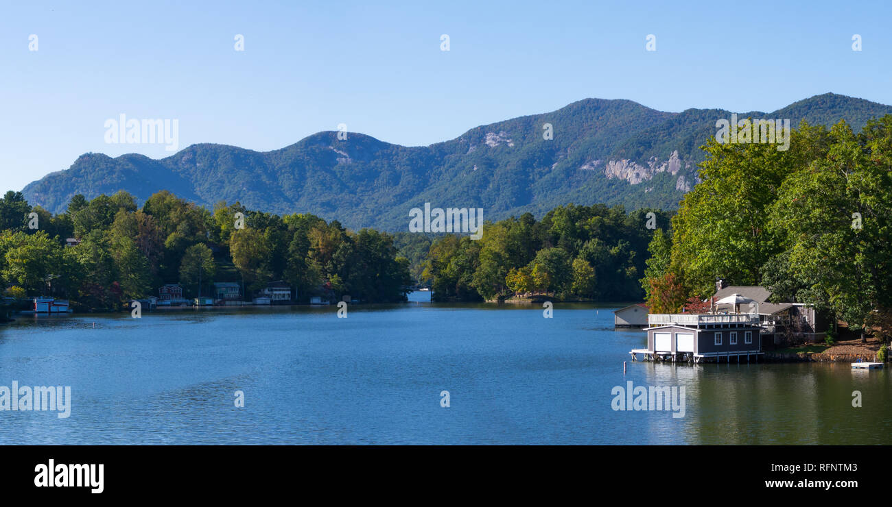 Buildings along the shore of Lake Lure, North Carolina on a sunny day in October 2015 Stock Photo