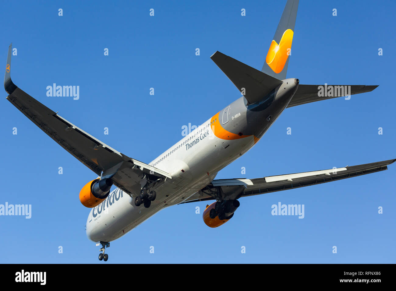GERMANY, FRANKFURT - SEPTEMBER 06, 2015: Boeing 767-330(ER), D-ABUA of Condor approach and landing at Frankfurt Airport Stock Photo