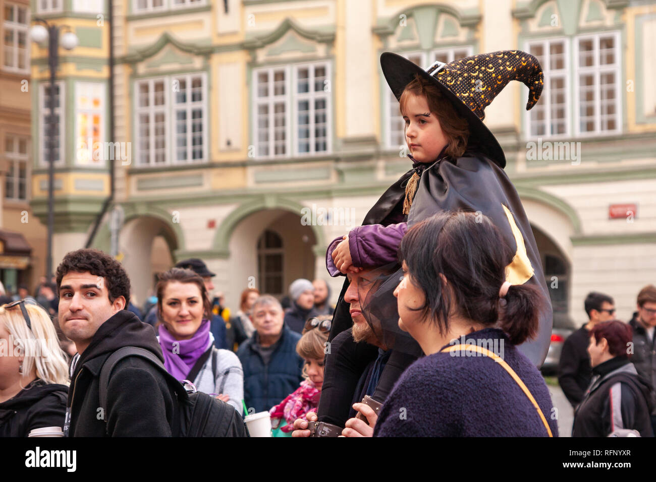 PRAGUE, CZECH REPUBLIC - APRIL 30, 2017: Costumed child in the streets of Prague during the carodejnice festival, or witch burning night Stock Photo