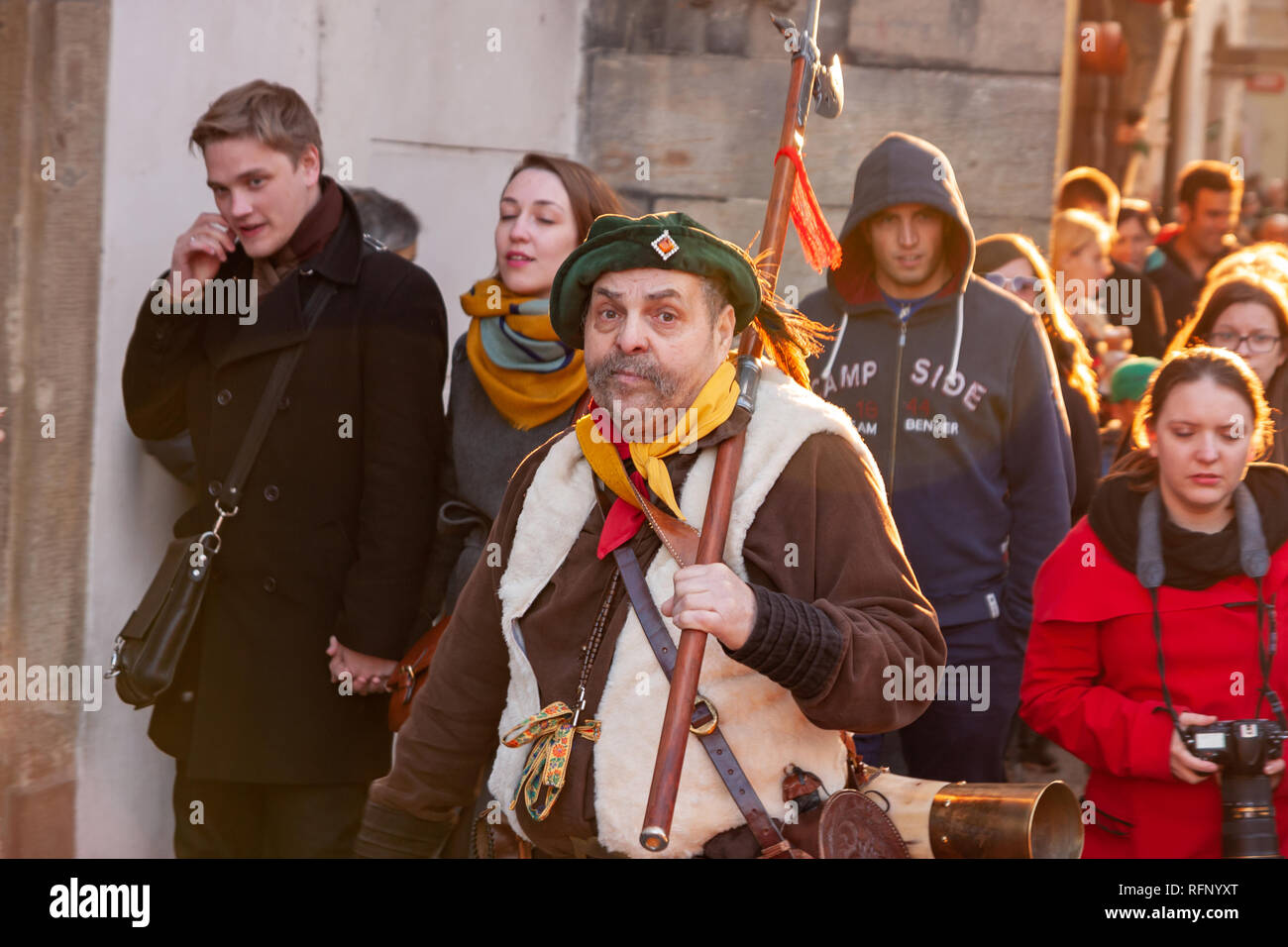 PRAGUE, CZECH REPUBLIC - APRIL 30, 2017: Costumed man in the streets of Prague during the carodejnice festival, or witch burning night Stock Photo