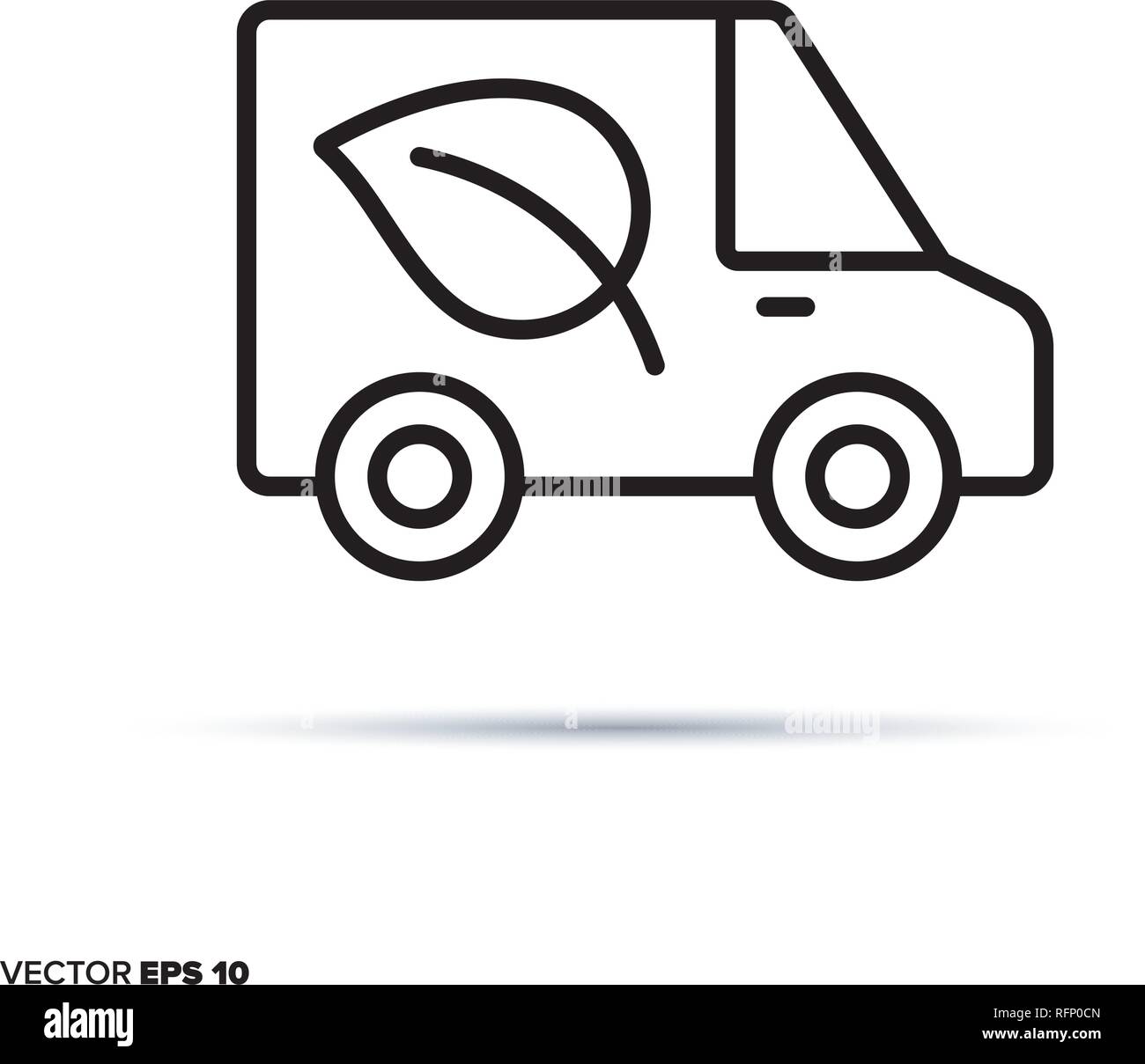 Delivery van with leaf vector line icon. Ecological and sustainable transport symbol. Stock Vector