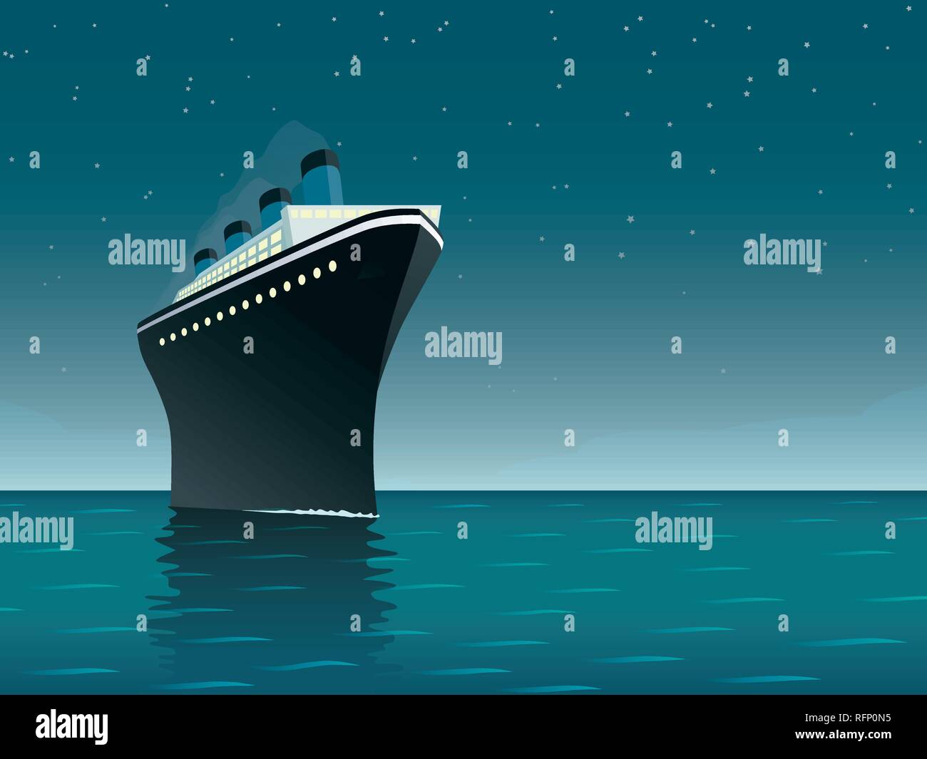 Vintage style horizontal vector illustration of giant cruise ship on ...