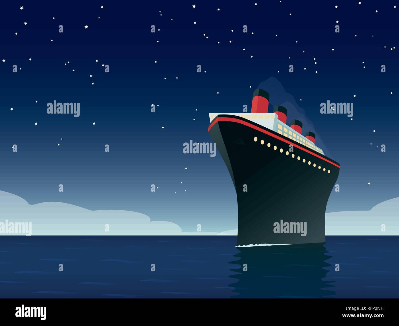 Vintage style horizontal vector illustration of giant cruise ship on ...