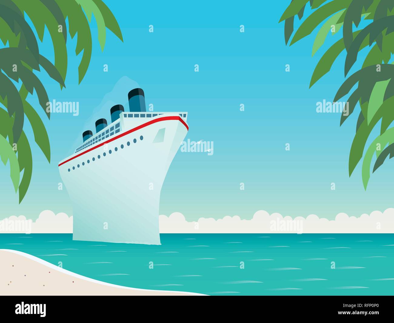 Vintage style horizontal vector illustration of giant cruise ship near ...