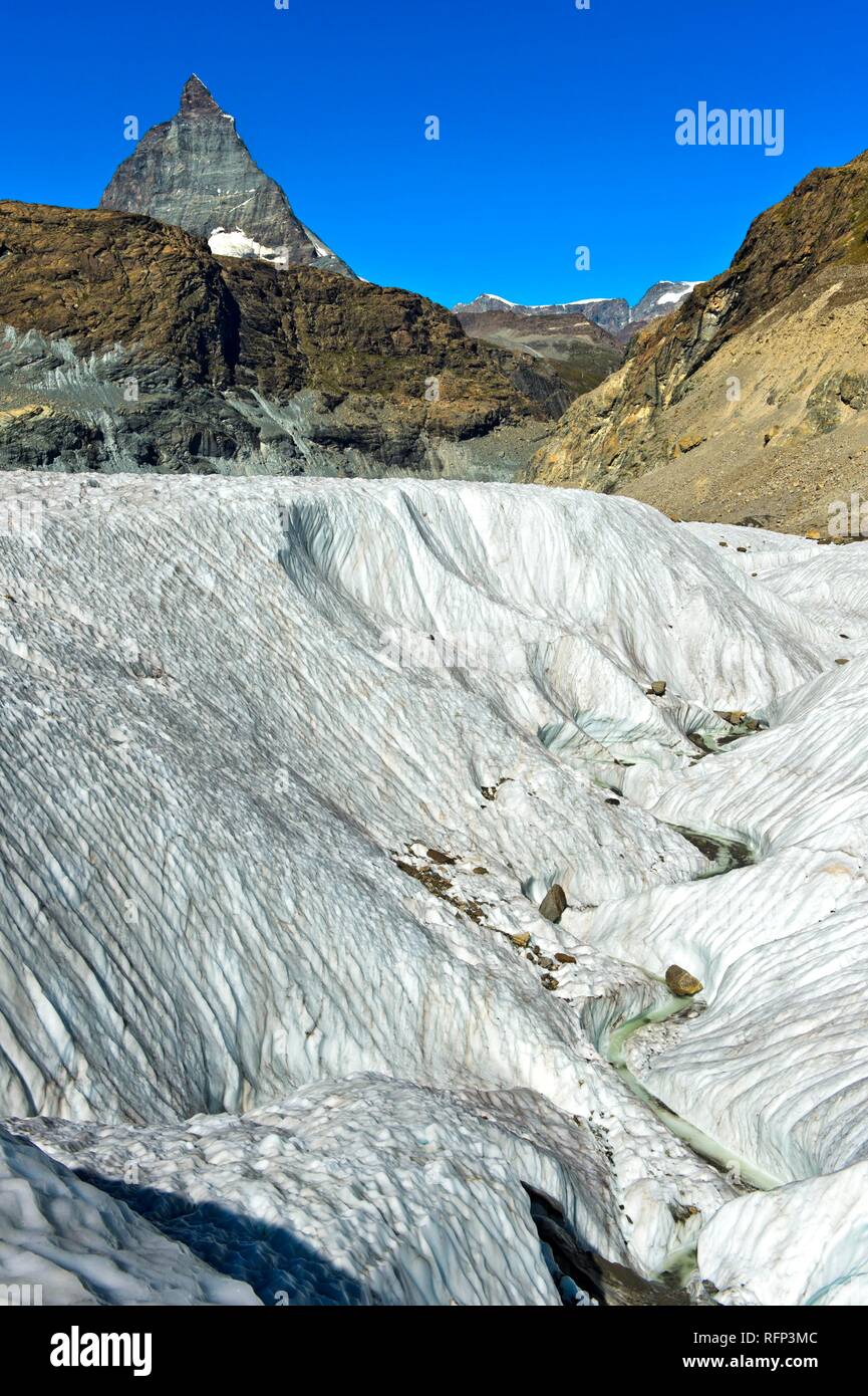 Wide crevasse on the Gorner Glacier, Matterhorn behind, Zermatt, Wallis, Switzerland Stock Photo