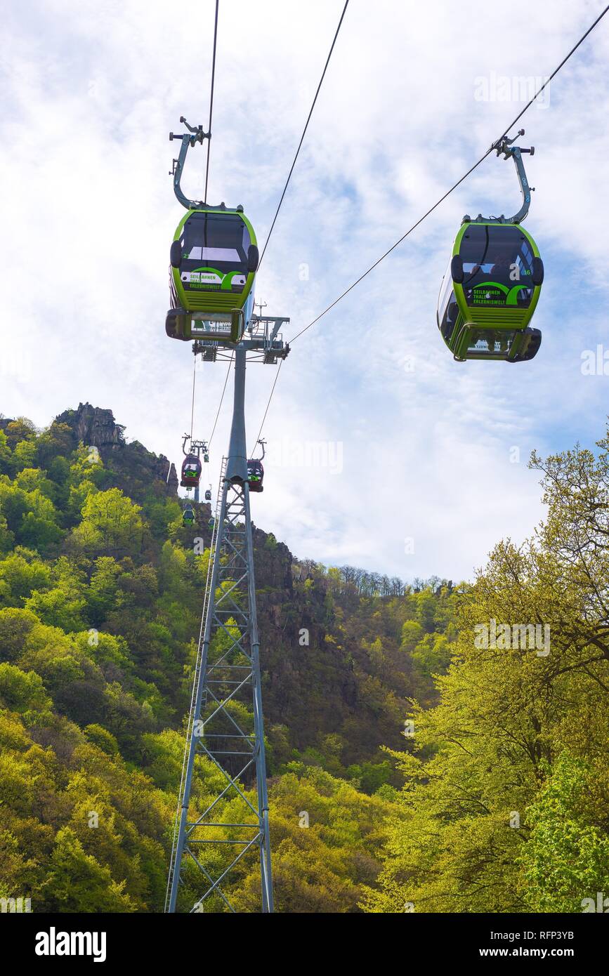 Cable car with cabins, Erlebniswelt Thale, view up to the Hexentanzplatz, Saxony-Anhalt, Germany Stock Photo