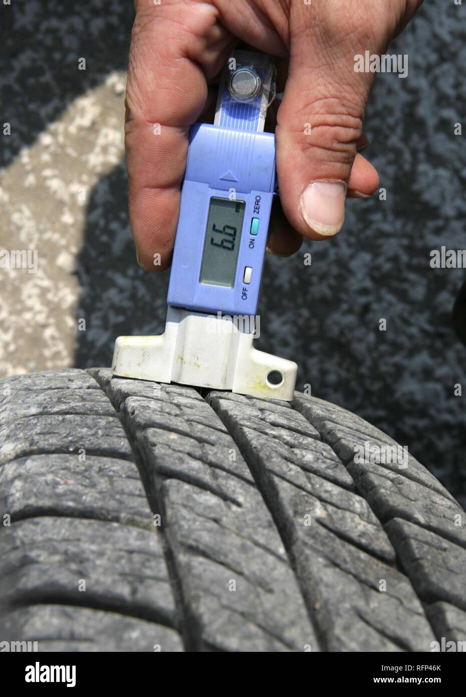 Measuring instrument for tread depth of tires Stock Photo