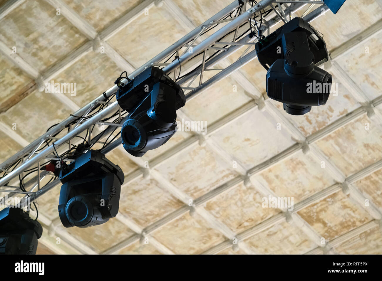 Professional lighting equipment for stage performances on the ceiling