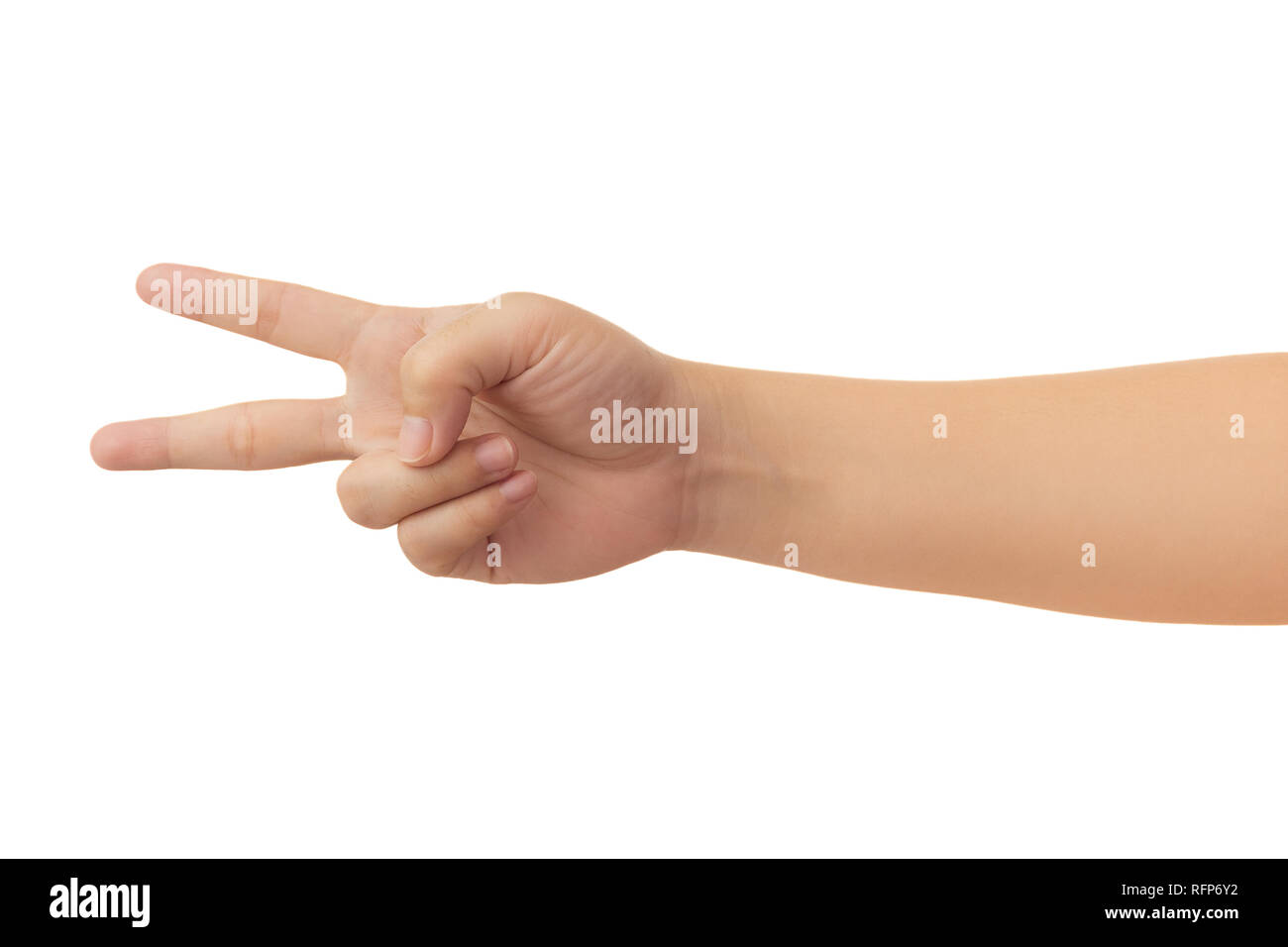 Human hand in reach out one's hand and counting number two sign gesture isolate on white background with clipping path, High resolution and low contra Stock Photo
