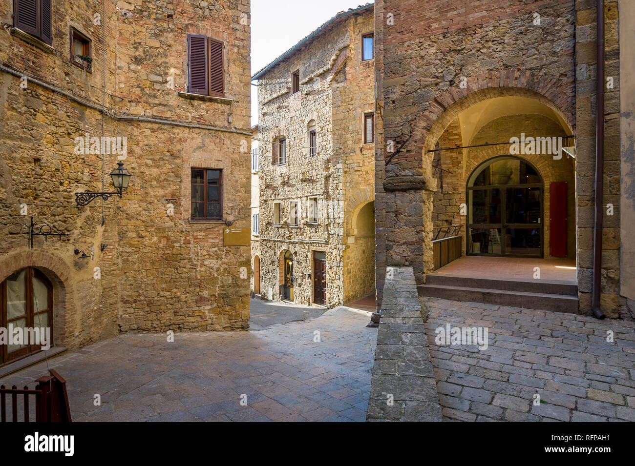 Volterra old fortress street. Touristic route with historic places of Tuscany province, Italy. Stock Photo