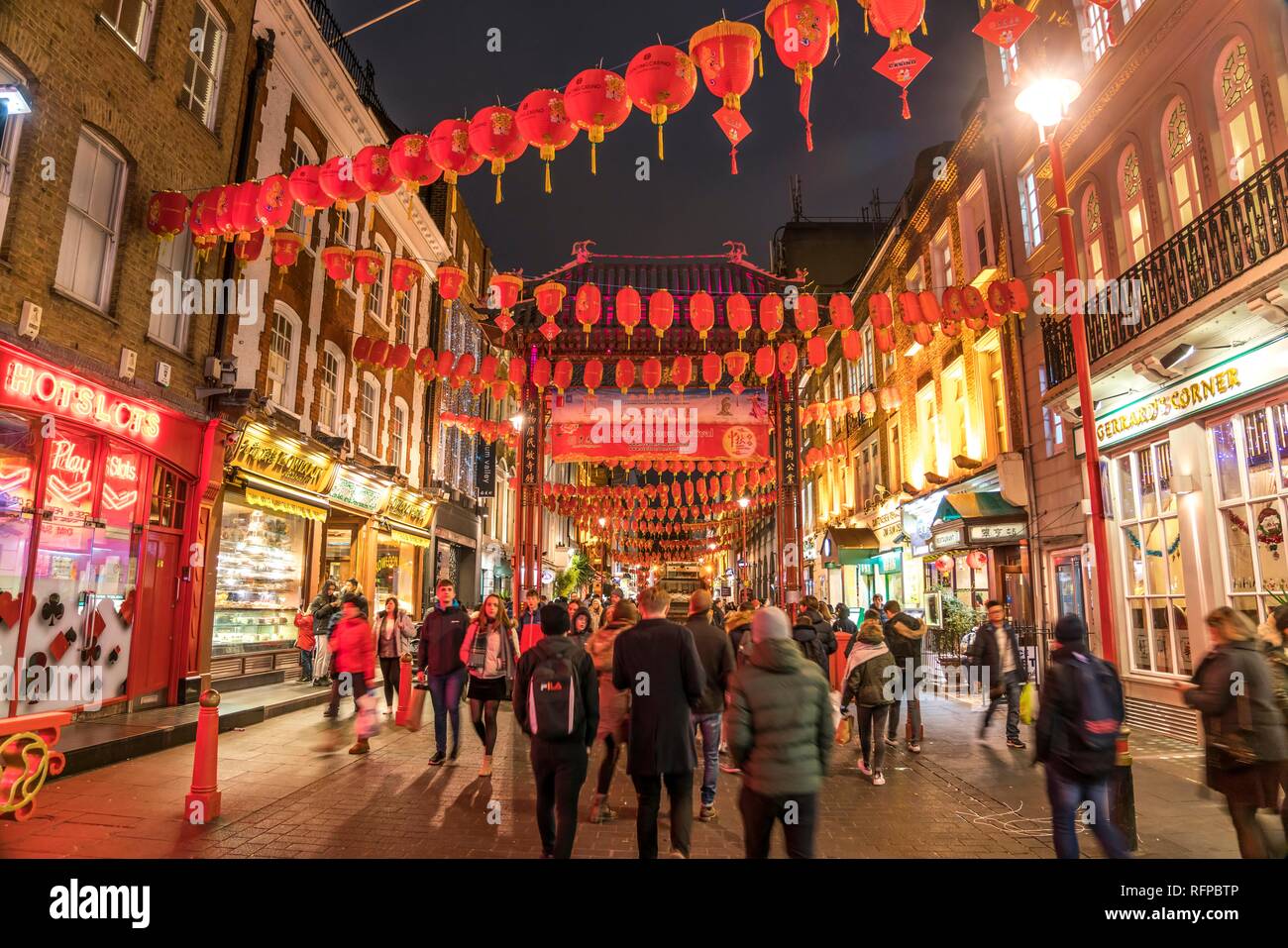 Pedestrian zone with red lanterns at night, Chinatown, London, Great Britain Stock Photo