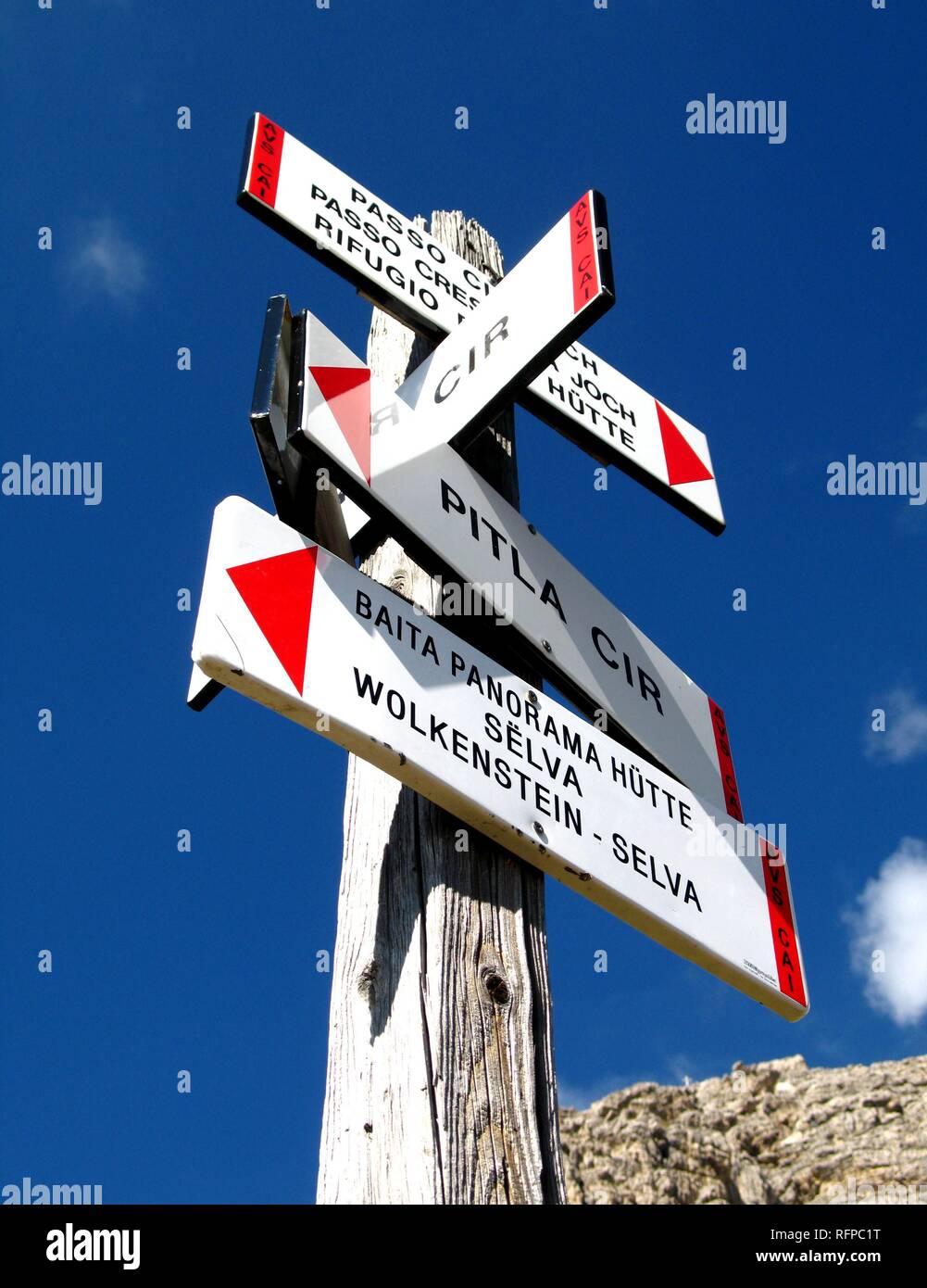 Signpost for hiker seen in South tyrol, Italy Stock Photo